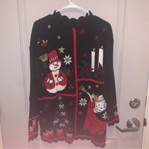 Festive Black Holiday Sweater Women’s Size Medium Snowman Angel Made in U.S.A.